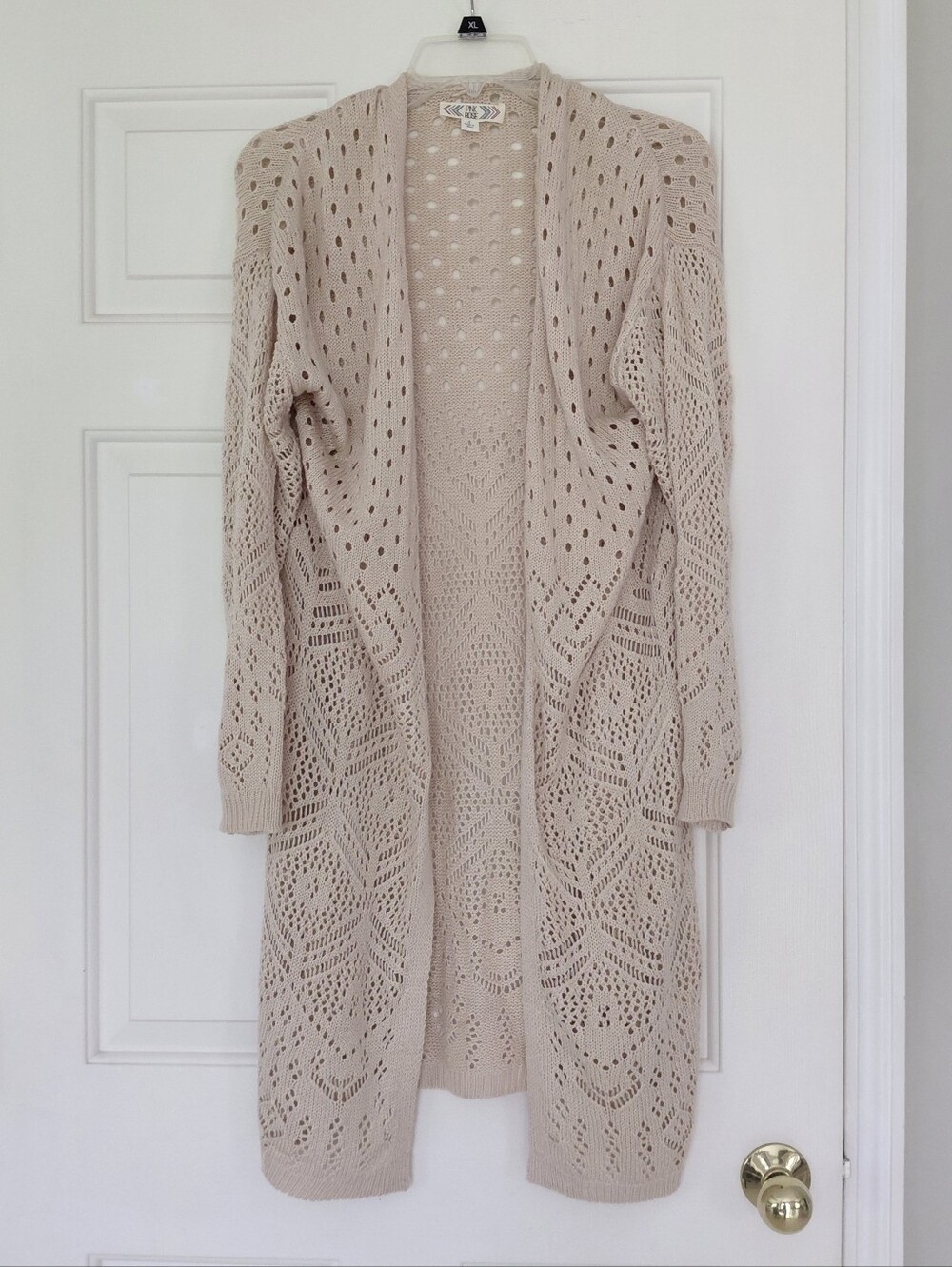 Pink Rose Tan Lace Soft Knitted Look Long Open Cardigan Sweater Size Small
